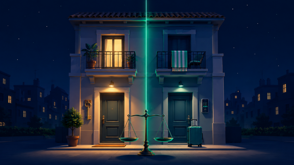 Ilustración de un edificio dividido en dos mitades, hogar y apartamento turístico, con una balanza delante comparando ambos alquileres
