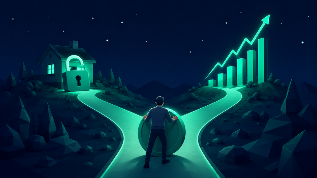 Ilustración de una persona ante un camino que se bifurca entre una casa con candado y una gráfica creciente, el dilema de amortizar hipoteca o invertir