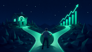 Ilustración de una persona ante un camino que se bifurca entre una casa con candado y una gráfica creciente, el dilema de amortizar hipoteca o invertir