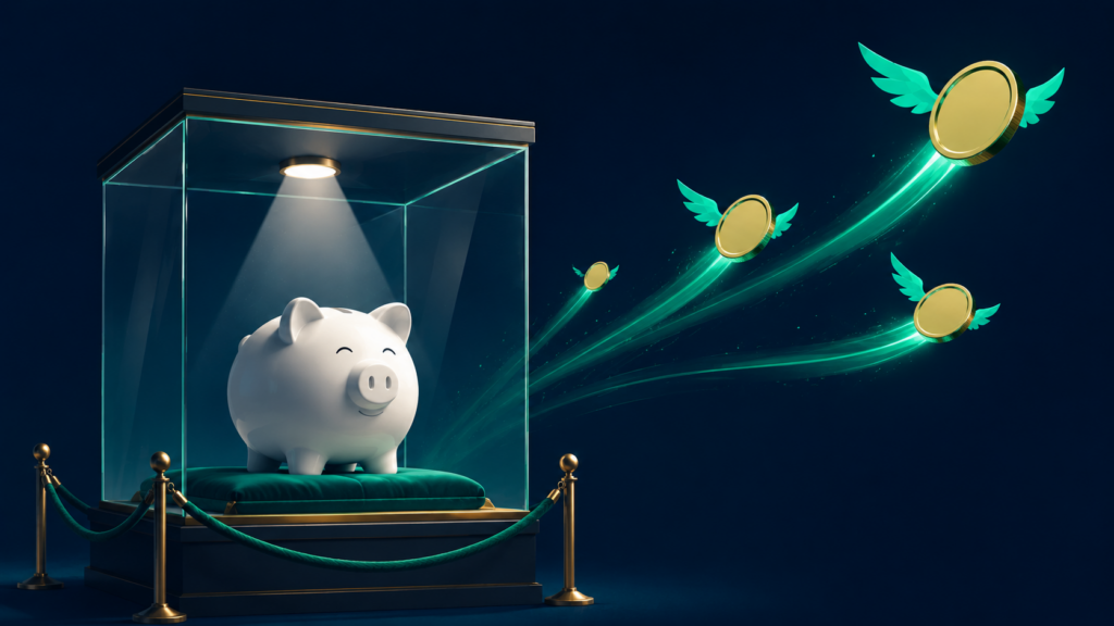 Ilustración de una hucha protegida en una vitrina mientras unas monedas con alas se alejan volando, metáfora del coste de oportunidad del ahorro sin invertir