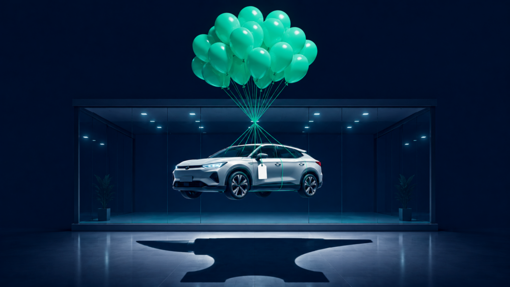 Ilustración de un coche sostenido por globos con una sombra enorme, metáfora del coste real de financiar un coche