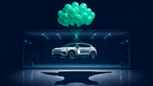 Ilustración de un coche sostenido por globos con una sombra enorme, metáfora del coste real de financiar un coche