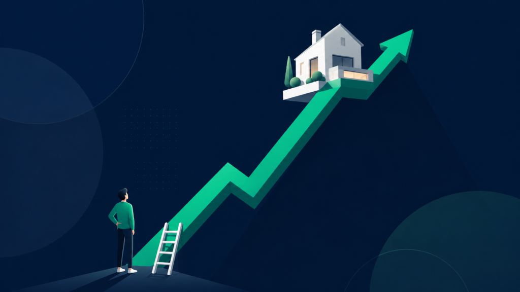 Ilustración de una casa sobre una flecha ascendente que representa la subida del precio de la vivienda en España