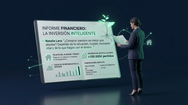 Mujer analizando gráficos y datos financieros junto a la frase «alquilar es tirar el dinero», cuestionando este mito sobre la vivienda