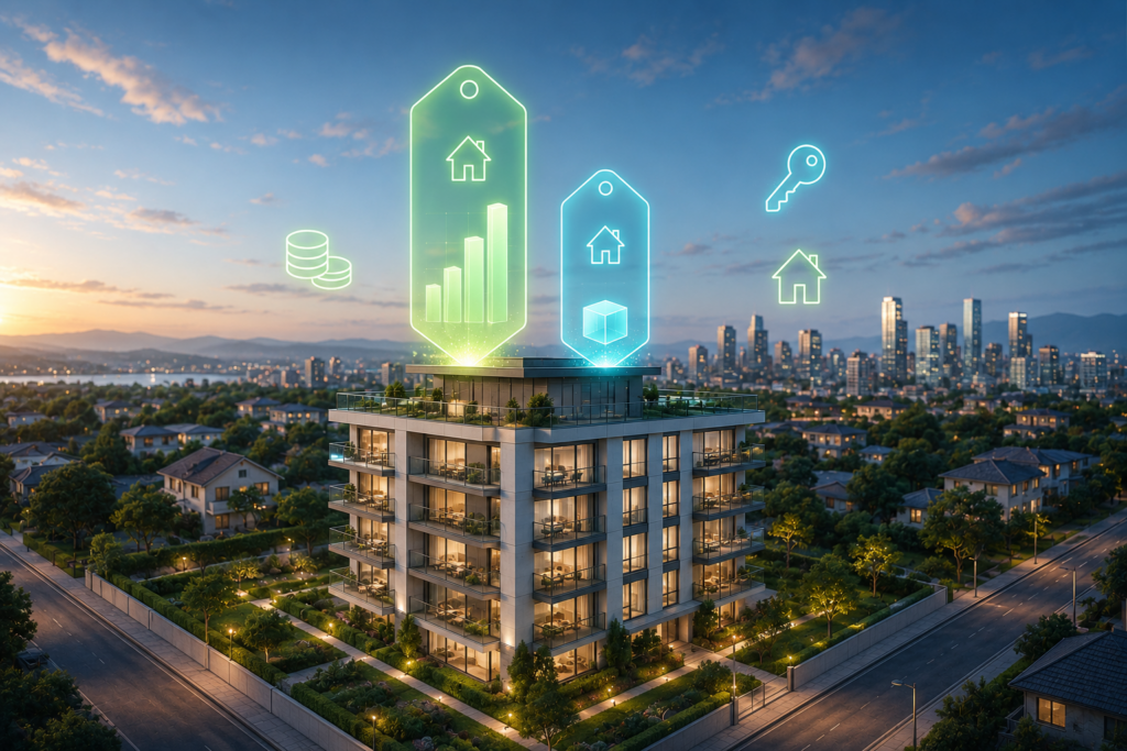Inversor de espaldas observando un edificio de pisos iluminado de noche mientras valora la rentabilidad de una inversión inmobiliaria