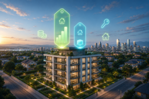 Inversor de espaldas observando un edificio de pisos iluminado de noche mientras valora la rentabilidad de una inversión inmobiliaria